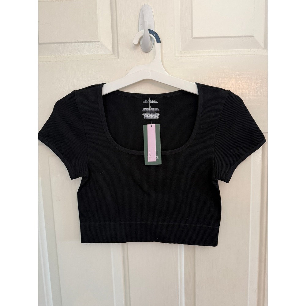 Wild Fable Womens Black Seamless Ribbed Square Neck Short Sleeve Crop Top Large